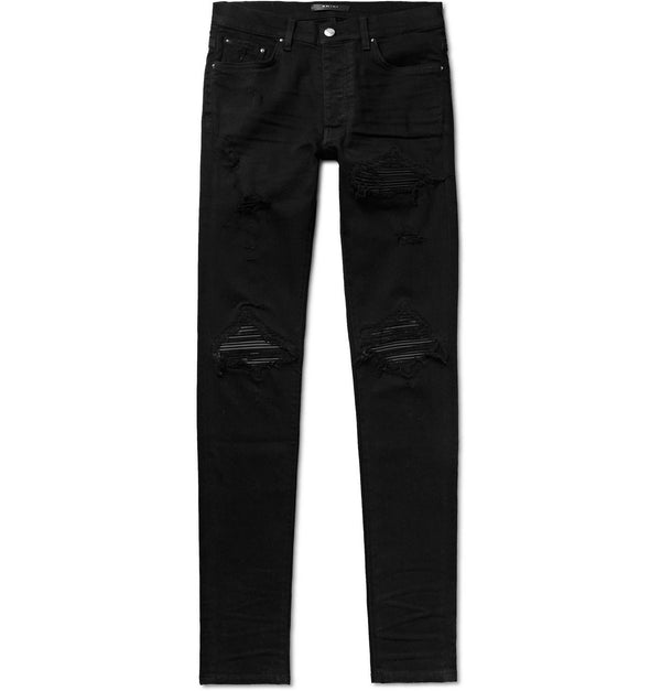 Amiri MX1 Black Leather Ripped Jeans