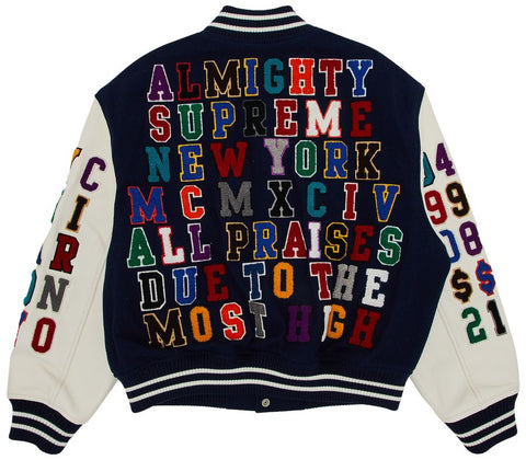 Supreme Praises Navy Varsity Jacket