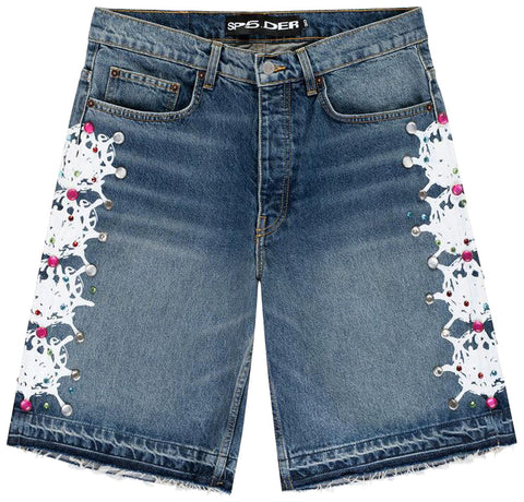 Sp5der Web Stone Light Wash Denim Shorts