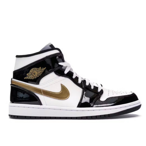 Jordan 1 Mid Patent Black White Gold