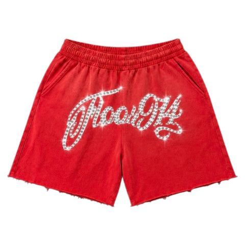 Floor 914 Logo Rhinestone Red Sweatshorts