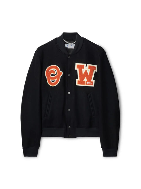 Off White Orange Patch Black Varsity Jacket