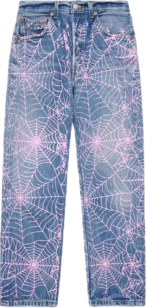 Sp5der AOP Pink Web Vintage Light Wash Jeans