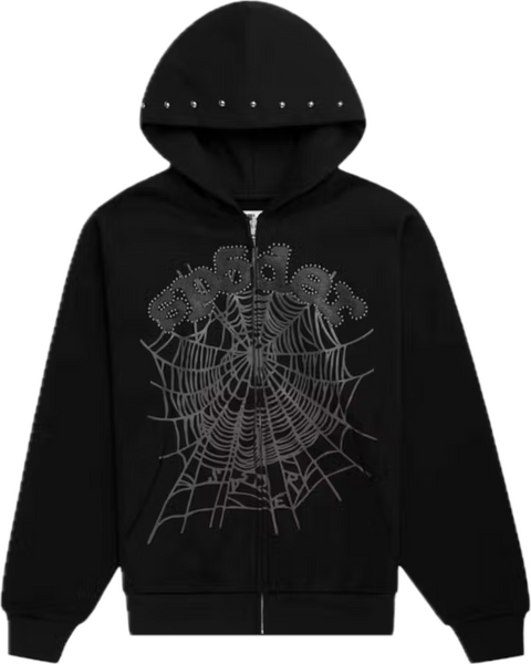Sp5der OG Web Studded Black Zip Hoodie