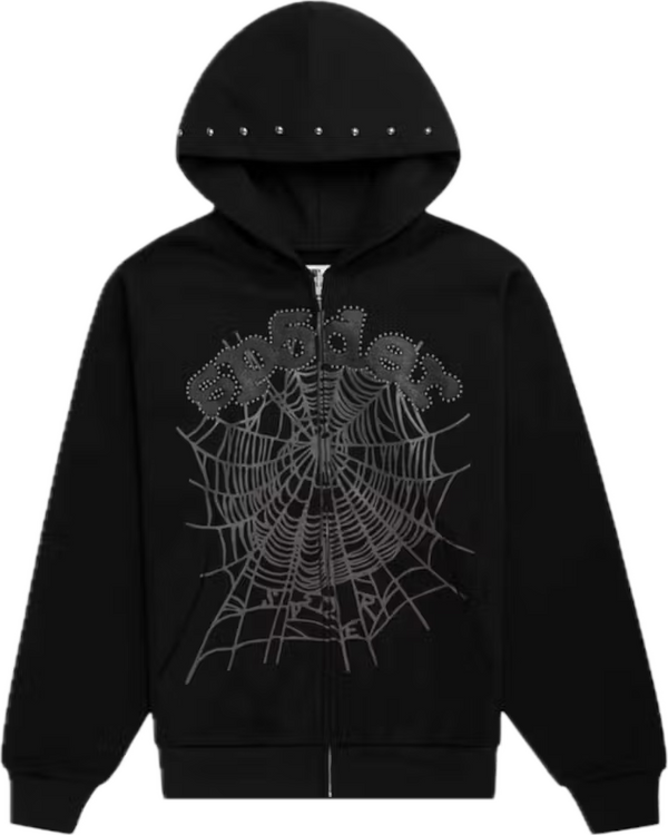 Sp5der OG Web Studded Black Zip Hoodie