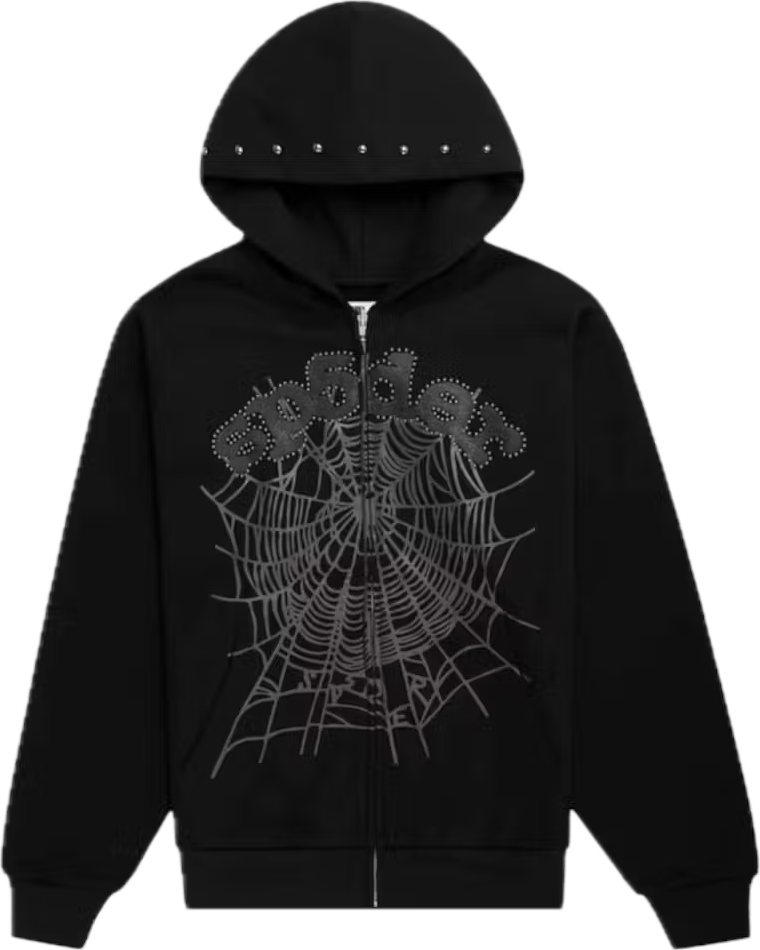 Sp5der OG Web Studded Black Zip Hoodie