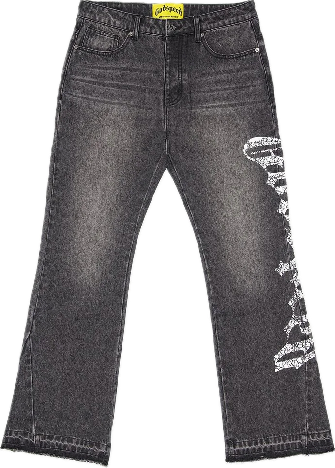 Godspeed OG Logo Flared Grey Printed Jeans