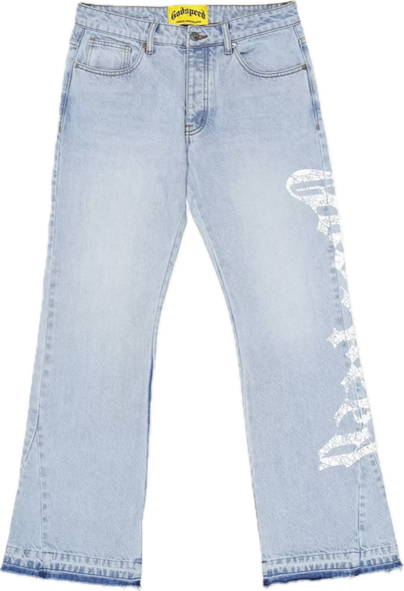 Godspeed OG Logo Flared Blue Printed Jeans
