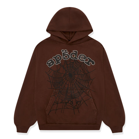 Sp5der OG Web Rhinestone Brown Hoodie